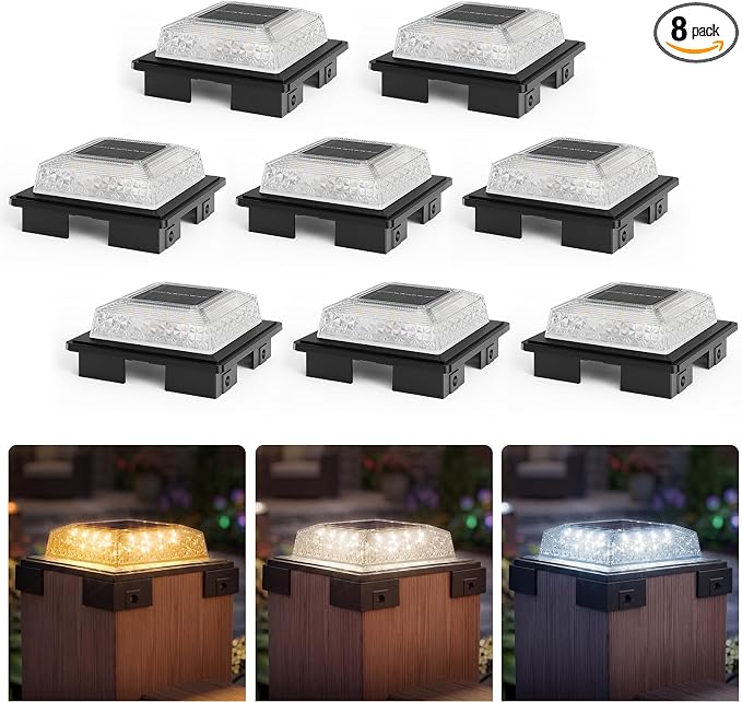 APONUO Solar Post Cap Lights, 3 Color Modes & 2 Brightness, Adjustable Base Fits 4x4 5x5 6x6 Posts (3.5-5.5 Inch), IP65 Waterproof, Deck & Fence Post Lights Solar Powered with Screws, Black, 8 Pack