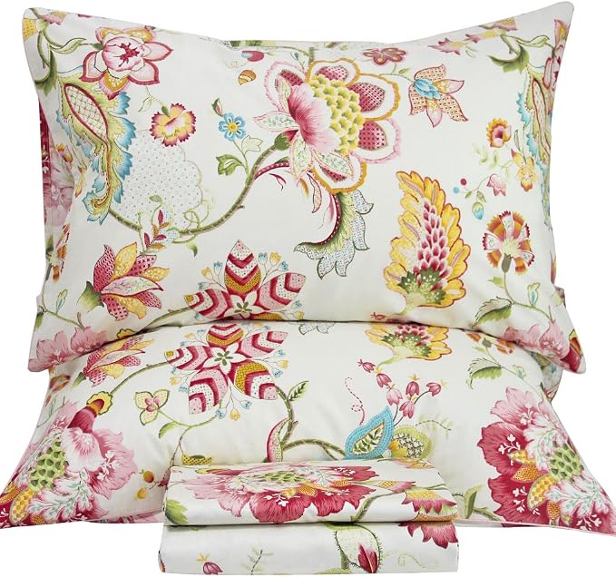 QSH Floral Bed Sheets Set - Queen Size Boho Lotus Print Bed Sheet Set - Extra Soft and Breathable 100% Egyptian Cotton - Farmhouse Bedding - 4 pcs Deep Pockets Flower Bed Sheets