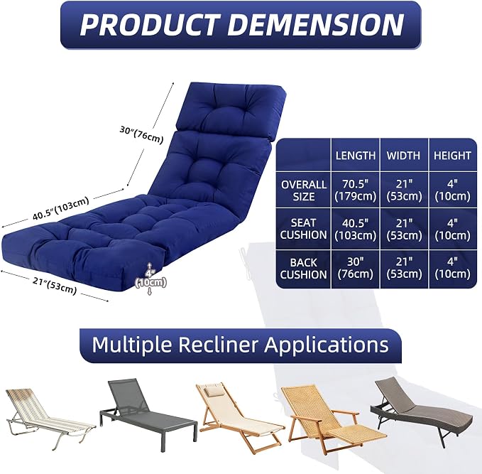 Patio Chaise Lounge Cushions, 70.5"x21"x4" Waterproof Replacement Beach Pool Lawn Outdoor Lounge Chair Cushion, Non-Slip Bottom & Secure Ties for Outdoor Furniture，Dakr Blue, 1Count