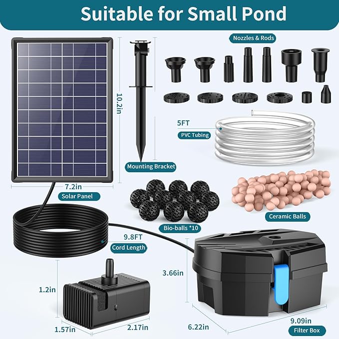 POPOSOAP 8W Solar Pond Filter Built-in 3600mAh Battery Backup, Solar Pond Filter with Water Pump, Solar Water Fountain Pump for Ponds Fish Tank Bird Bath Waterfall Garden DIY Water Feature P3081D