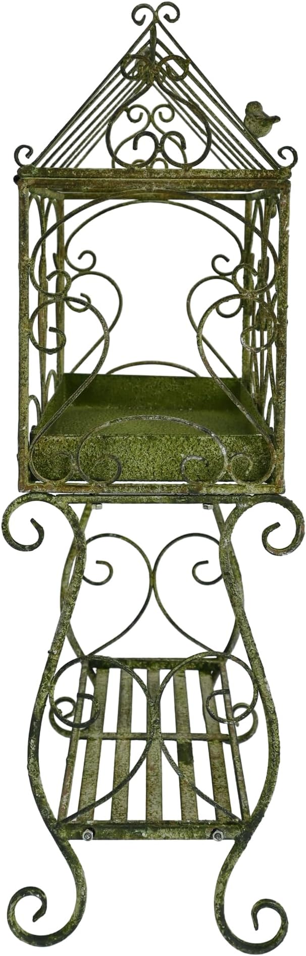 Vintage 2-Tier Metal Plant Stand with House-Shaped Planter Tray, Distressed Green Rustic Plant Shelf with Succulent Tray for Indoor Outdoor Garden, Patio & Balcony Decor