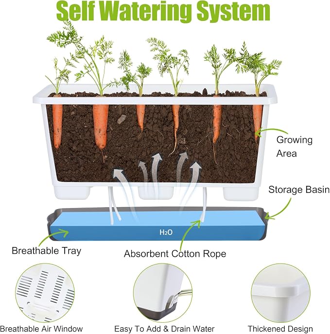 Window Box Planter 6 Pcs, 17 Inches Rectangle Flower Pots with Drainage Holes and Trays, Vegetable Planters for Windowsill Patio Garden Balcony Home Porch Yard Indoor Outdoor (White, 17*7.4*7.8 inch)