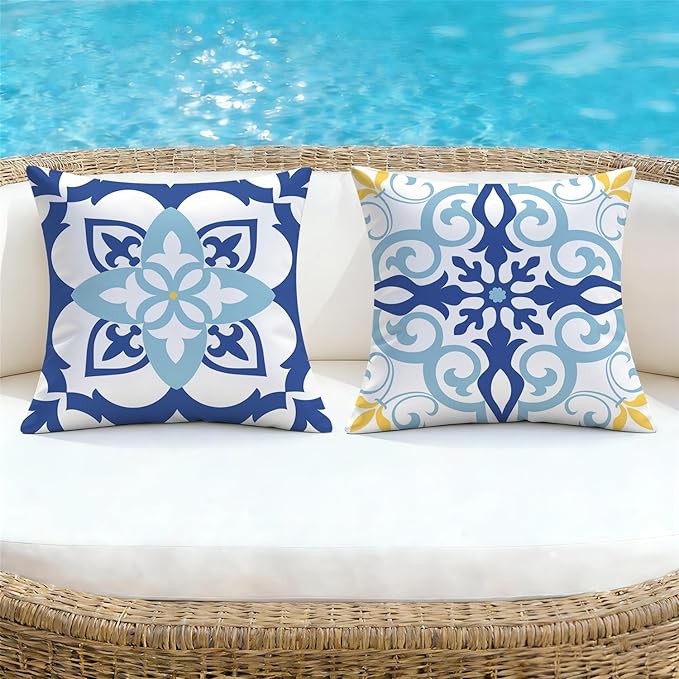 NIGHTWISH Outdoor Waterproof Pillow Covers 16x16 Set of 4 Blue Boho Decorative Outdoor Throw Pillows Floral Cushion Cases for Patio Furniture Bench Couch Sunbrella