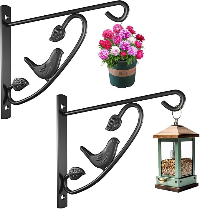AMAGABELI GARDEN & HOME 2 Pack Hanging Brackets Plant Hanger Outdoor 12inch Metal Fence Wall Planter Hooks for Hanging Flower Baskets Bird Feeders Lanterns Wind Chimes Rust-Resistant Black