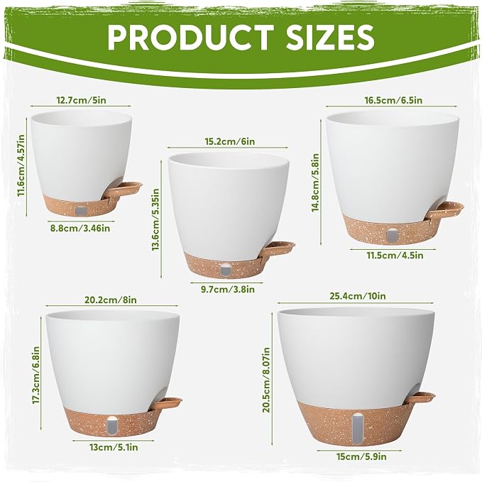 Self-Watering Pots for Indoor Plants with Visible Water Window,5/6/6.5/8/10 Inch Outdoor Flower Pots with Drainage Holes & Reservoir for Patio, Home Decor (White)