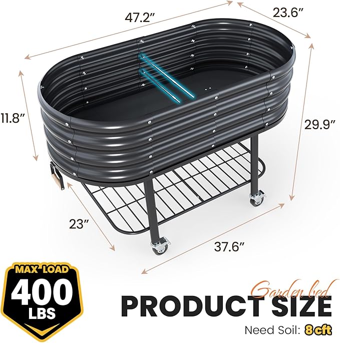 KING BIRD Large Raised Garden Bed with Legs Galvanized Elevated Planter Box in for Backyard, Patio, Balcony, Dark Grey, 47.2x23.6x29.9 in