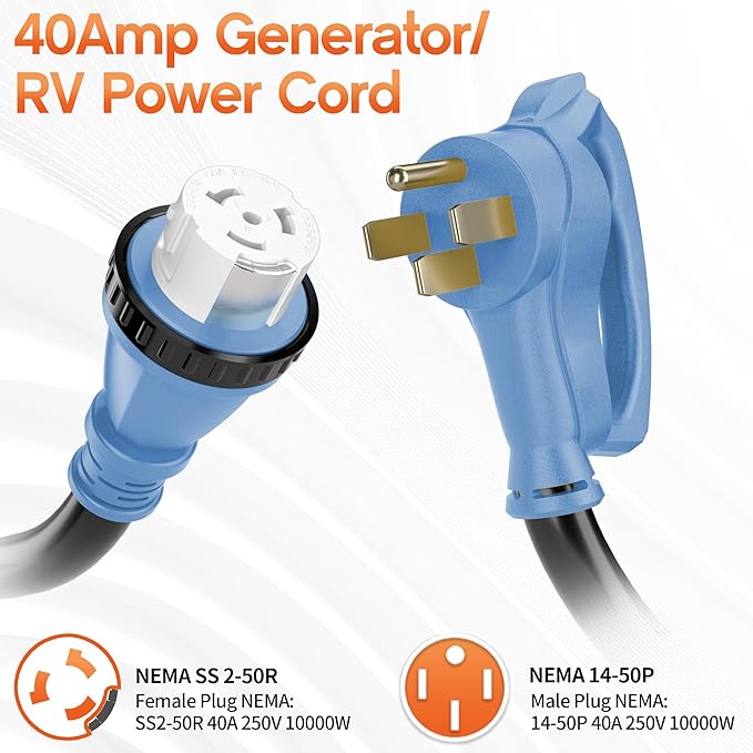 100FT 40 Amp Generator Cord, NEMA 14-50P/SS2-50R Heavy-Duty 4 Conductors Cable, Pure Copper STW RV Extension Cord, Female Plug with Twist Lock, Suitable for RV or Camper, ETL Listed