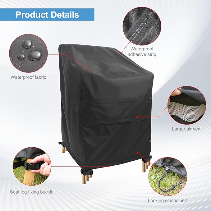 Stackable Chair Covers Outdoor Waterproof - 1 Pack Patio Chair Covers (28W x 36D x 47H inches, Black) Patio Furniture Covers with nonfading fabric fits for 4-6 Stacking Chairs