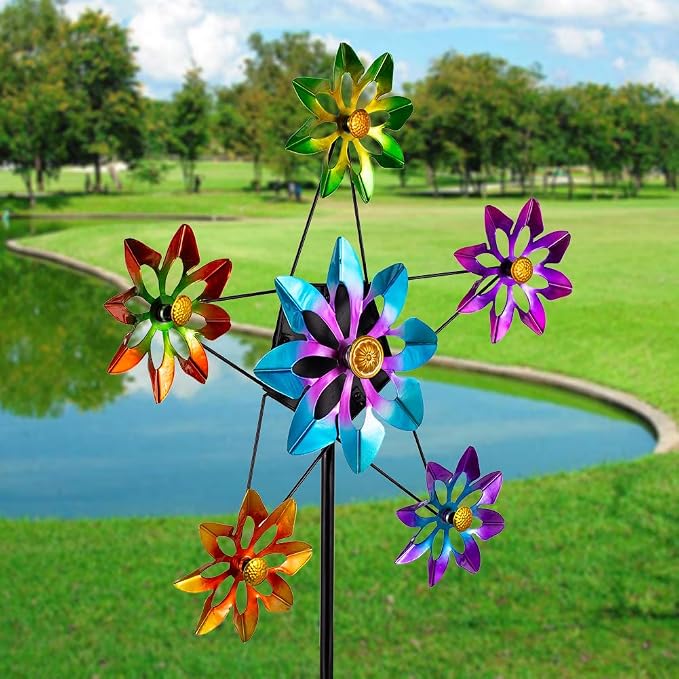 Stargarden Outdoor Kinetic Wind Spinner -24.4" D*74" H Large Metal Wind Sculpture, Flower Metal Wind Spinners for Garden Yard Patio