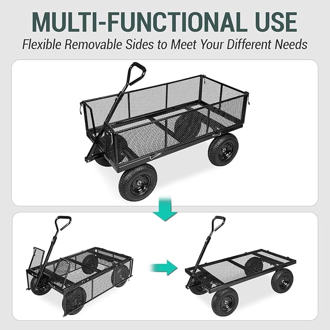 Taifa Heavy Duty Steel 1100 Lb Wagon Garden Carts with Removable Side Panels Turn Into Flatbed, All Terrain Utility Cart with 11.5" Tire, 180° Rotating Handle for Outdoor, Garden, Farm, Yard, Black