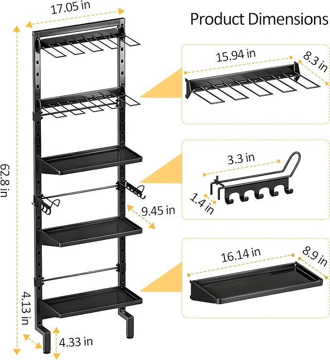 BUKFEN Garage Tool Storage Rack, Wall Mount 5-Tier Heavy Duty Metal Organizer with 8 Drill Holder Slots, Adjustable Shelves, Side Hooks Workshop Utility 1 Pack Black Vertical Space-Saving