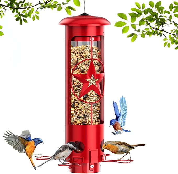 Squirrel Proof Bird Feeders for Outdoors with Weight-Activated, 3LB Large Metal Wild Bird Feeders for Cardinals,Blue Jay,Finch, Weatherproof Durable Tube Hanging Bird Feeder for Backyard,Garden,Patio