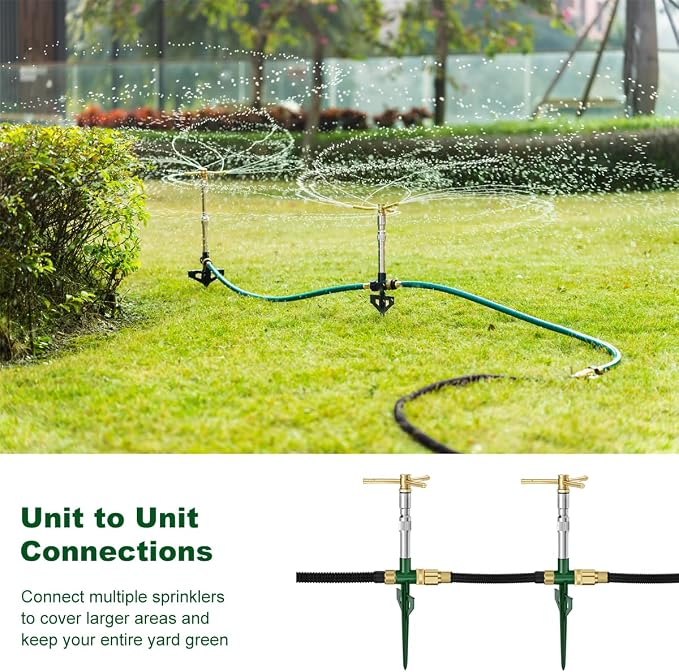 FANHAO 2 Pack Metal Lawn Sprinklers with Adjustable Telescoping Base, 3-Arm Water Sprinkler 360 Degree Rotation High-Rise Sprinkler for Large Area Coverage, Garden Watering Irrigation Sprinkler System
