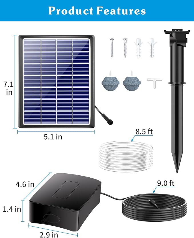 Biling Solar Aerator for Pond with 2200 mAh Battery Backup, 3 Modes Solar Air Pump Hydroponics Air Pump, Solar Powered Pond Aerator Pond Bubbler for Outdoor Fish Pond Stock Tank Aquarium