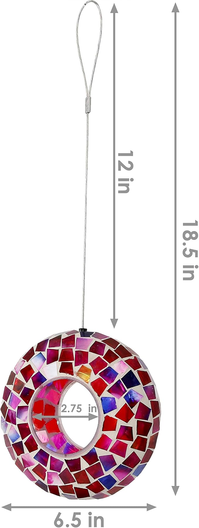 Sunnydaze 6-Inch Glass Mosaic Hanging Bird Feeder for Outdoors - Fly-Through Glass Bird Feeder for Cardinals, Jays, Finches and More - Crimson Mosaic