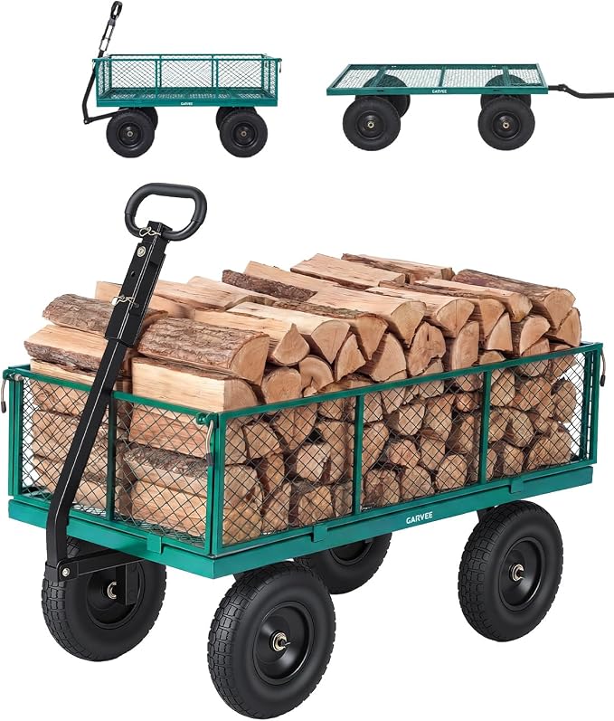 Garvee Versatile Outdoor Utility Cart-1000LBS Heavy-Duty, 13" All-Terrain Pneumatic Tires, Vehicle-Connectable, Easy Maneuverable Lawn Cart with Removable Mesh Panels for Gardening & Landscaping,Green