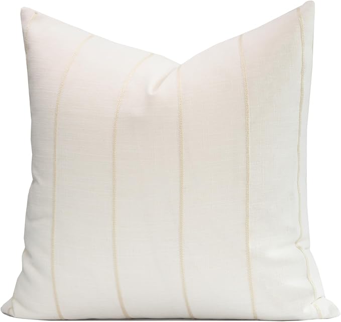 Crumbs Home Modern Farmhouse Fall Linen Indoor Outdoor Throw Pillow Cover Only, 22"x22" Water Repellent for Patio, Backyard, Couch, Neutral Beige Vertical Stripes