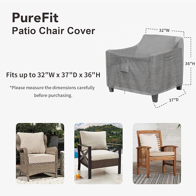 PureFit Outdoor Chair Covers Waterproof Patio Furniture Lawn Chair Covers for Outdoor Furniture with Air Vent and Padded Handles, Fits up to 32W x 37D x 36H Inches, Gray