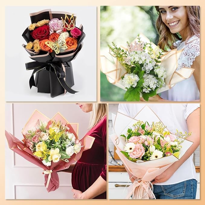 Majreey Floral Wrapping Paper Kit, 80Sheet Waterproof Floral Paper, 3Rolls Ribbon for Flower Bouquet, 2Rolls Transparent Tape,100Pcs Flower Pins, 48Pcs 3D Butterflies, 9Pcs Crowns for Florist Wrapping
