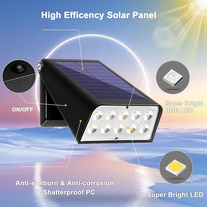 Waterproof Solar Fence Lights, Up to 30+ Hours Runtime Dusk to Dawn, RGB Color Changing Red White Blue Fixed Color for 4th of July Father's Day Decor Gift, Solar Deck Lights for Yard Garden
