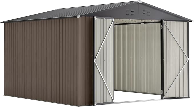 YOPTO 10 x 10 FT Outdoor Storage Shed,Heavy Duty Tool Sheds Metal Storage Garden Shed with Sloped Roof and Lockable Doors,Large Metal Storage Sheds for Backyard Patio Lawn, Brow
