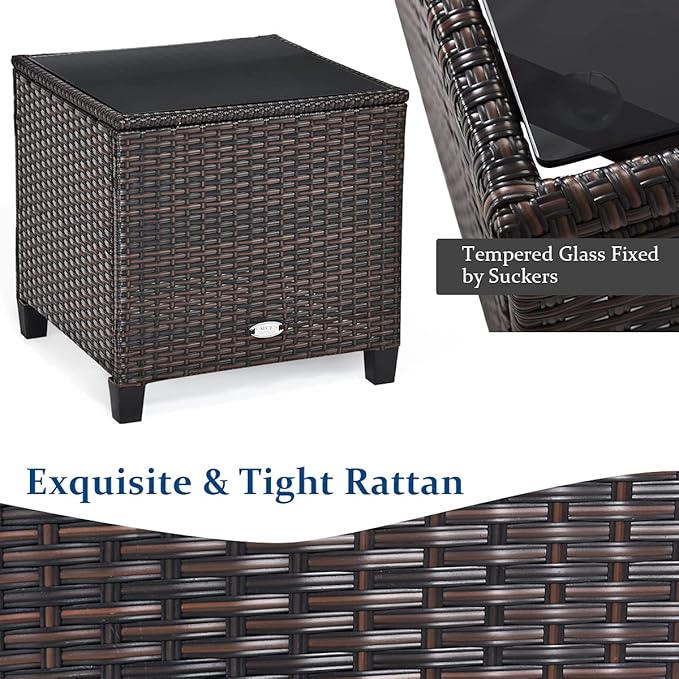 COSTWAY 3PCS Patio Furniture Set, PE Rattan Wicker Sofa w/Washable Cushion and Coffee Table, Tempered Glass Tabletop, Outdoor Conversation Set for Balcony, Porch, Yard, Backyard, Lawn, Black