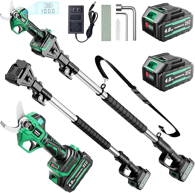 2.5" Cutting Diameter, 15FT Reach, 2-in-1 Pole Electric Pruning Shears - Brushless Motor, 21V Dual 4.0Ah Batteries, Extra SK7 Blade, Stainless Steel Pole, 2 Modes Adjustable for Tree & Flower