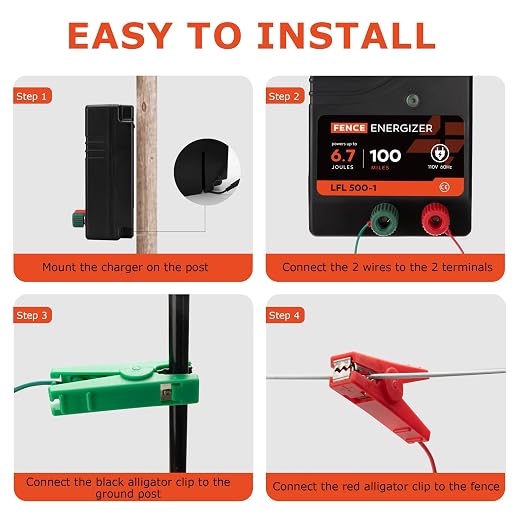 Electric Fence Charger AC Powered 100 Miles 300 Acres, 110 Volt 6.7 Joule Plug-in Electric Fence Energizer, Output Voltage Max 10.2 kV for Livestock, Preventing Predators from Intruding