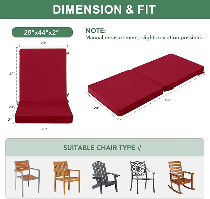Summsun Patio Dining Seat Cushions, High Back Outdoor Chair Cushion with Water Resistant Removable Covers, Ties, Non-Slip Bottom for Garden Lawn Patio Furniture, 44 x 20 Inch, Burgundy