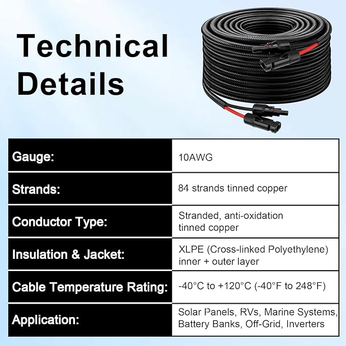 XRDS -RF Solar Panel Cable 6FT, 10AWG Solar Extension Cable with Male & Female Solar Connectors, Flame-Retardant Protective Sleeving Solar Cable, Weatherproof PV Wire for Solar Panel Connection