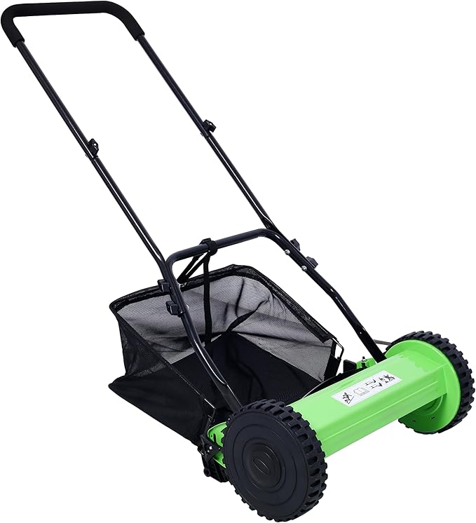 KEIKI 16-Inch Manual Lawn Mower, Push Reel Mowers w/Grass Catcher & Adjustable Cutting Height, 2-Wheels Small Lawnmower with 5 Steel Blades for Graden, Spaces Saving & Easy Assembly, Green