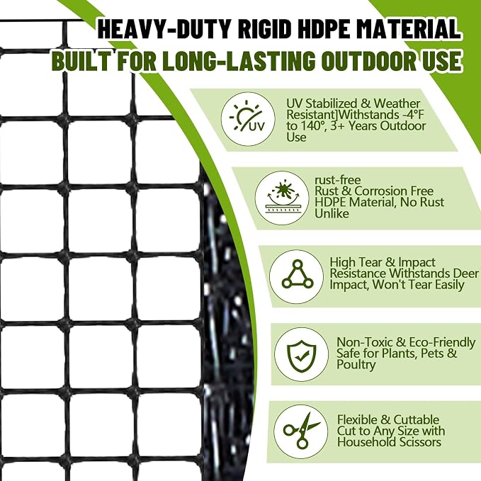 Gisafai 6x300ft (50gsm) Deer and Animal Fence Barrier Netting with 100 Zip Ties, Plastic Heavy Duty Mesh Fence Barrier, Ideal for Garden Netting, Against Bird, Fruit Plant Protection, Black