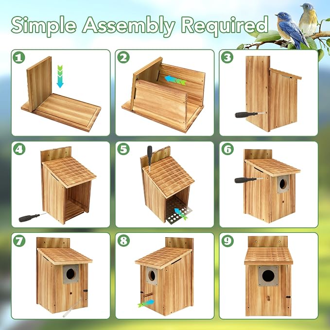 2 Pack Bird Houses for Outside - Cedar Bluebird Houses with Metal Predator Guard, Birdhouse for Wren Bluebirds Finches Swallows, Carbonized Wooden (Assembly Required)