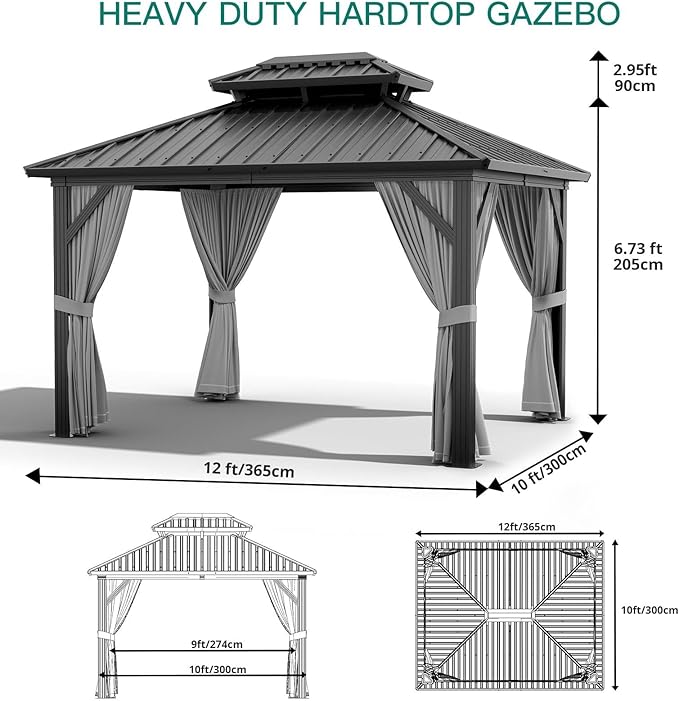 12 x 20 ft Hardtop Gazebo, Heavy Duty Galvanized Aluminum Frame Double Roof Outdoor Pavilion, Faux Wood Grain Metal Roof Gazebo with Netting & Privacy Curtains, Brown Patio Canopy Shelter for Backyard