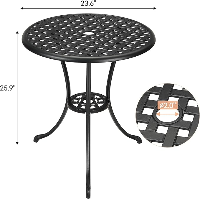 GarveeHome Patio Bistro Table, 24" Round Outdoor Coffee Table with 2" Umbrella Hole, Outdoor Cast Aluminum Bistro Table Side Table with Iron Frame for Balcony Backyard Lawn and Garden, Classic Black