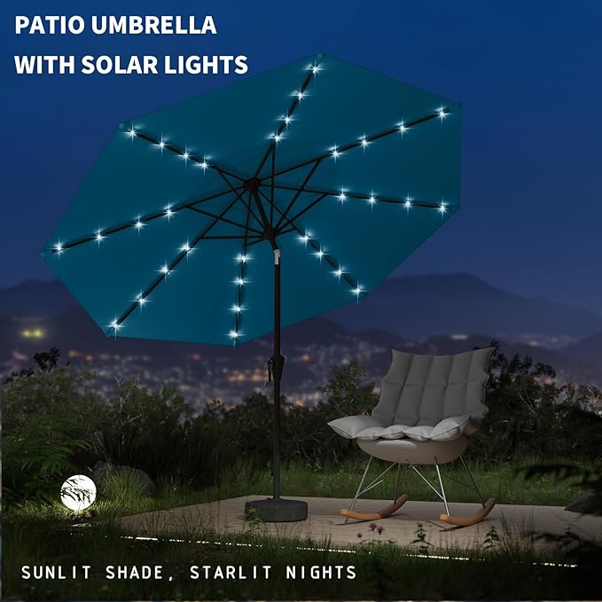 9FT Patio Umbrella with Solar Lights,Outdoor Market Umbrella with Tilt and Crank, LED Lighted Table Umbrella for Garden,Deck,Backyard,Pool,Beach