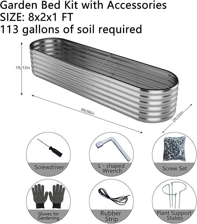 ZFHgarden Galvanized Metal Planter Round Raised Garden Bed Kit for Gardening Outdoor Galvanized Planter Outdoor 1PC METAL8X2X1FT