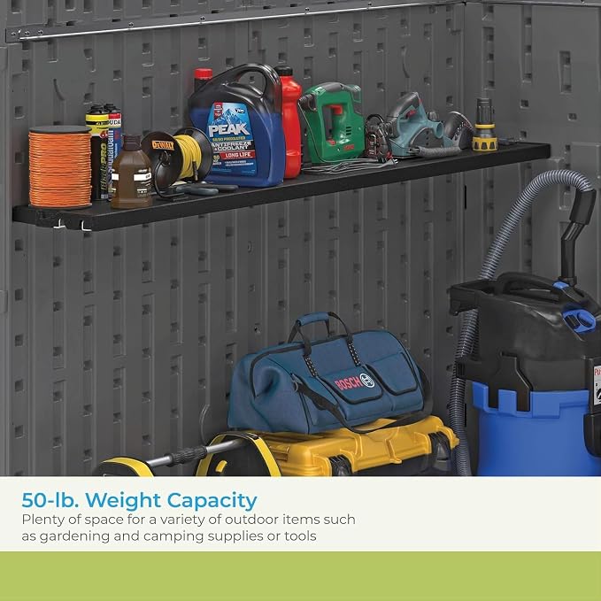 Suncast 2 Pack Horizontal/XL Vertical Shed Shelf Kit, Space Saving Shelving Wall Mount Outdoor Storage Structures, 50" W x 10.25" D x 1.25" H, Black