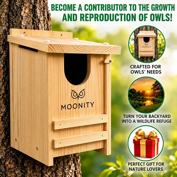 MOONITY Premium Cedar Owl House – 14" x 9" x 9" All-Season Nesting Box for Screech, Kestrel & More – Durable, Weatherproof & Easy to Install