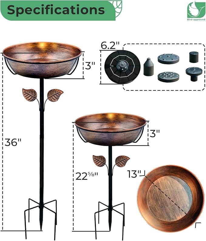 Metal Bird Bath with Solar Fountain - 13" Outdoor Birdbath Bowl + 6.3" Solar Pump with Battery LED Lights & with 4 Fixed Rods | Garden Bird Bath for Yard, Lawn, Patio, Flowing Water Feature