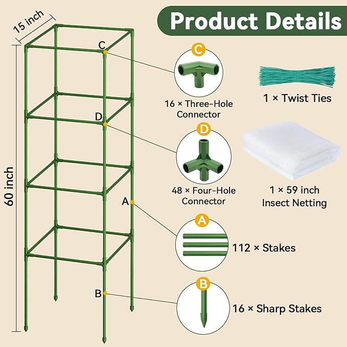 Halatool 4 Pack 60 Inches Square Tomato Cages for Garden, Heavy Duty Adjustable Metal Tomato Trellis for Climbing Plants – Green Plant Support Stakes for Vegetables Flowers Fruits & Raised Bed Outdoor