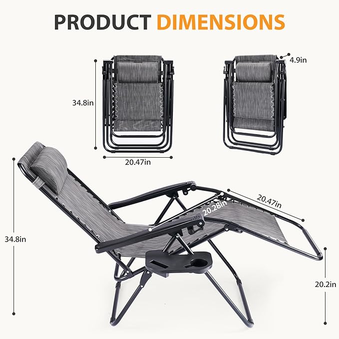 NEWBULIG Zero Gravity Chair Set of 4, Lounge Chair Folding Portable Adjustable Camping Reclining Chairs with Adjustable Pollow, Mesh Back, Cup Holder Trays Lawn Patio Chair for Pool Beach - Ash