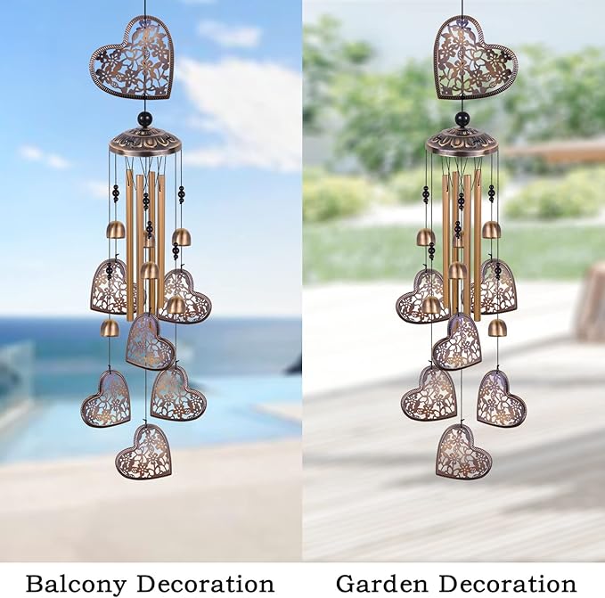 Outdoor Hearts Wind Chimes, Bronze Wind Chimes, Heart-Shape Wind Bells Gifts for Mom & Women, Heart Memorial Wind Chime for Home, Garden, Indoor, Outdoor Decoration, Garden Windchimes