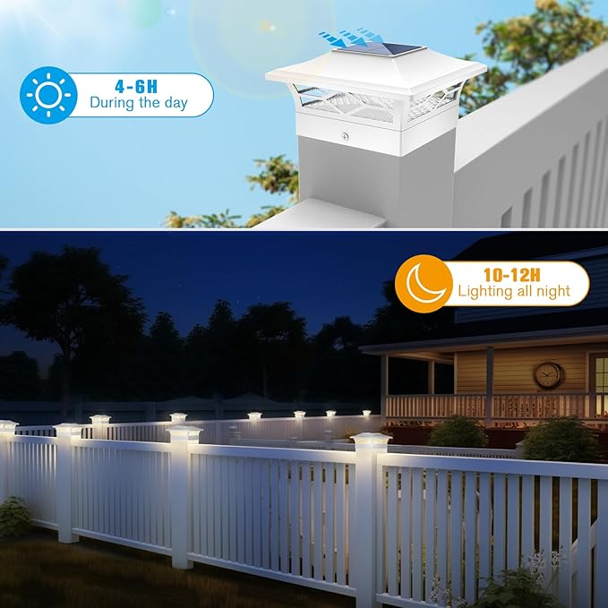 JOFIOS Solar Fence Post Lights 4pack, Cap Lights for 4x4/5x5 Vinyl Fence and 4x4/6x6 Wooden Post, Warm White/Cool White Lighting, White Solar Cap Outdoor Waterproof Decorate Garden Pathway Dcek Patio