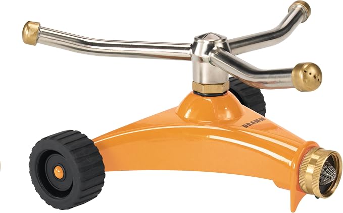Dramm ColorStorm 3 Arm Whirling Sprinkler on 6" Wheeled Heavy Duty Metal Base, for Lawn, Yard, Garden and Large Area, Orange, 70 Ft Diameter Reach