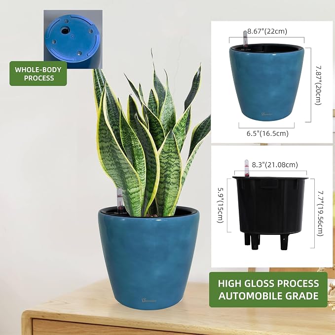 Dexceder 9x8 Self Watering Planter (Peacock Blue Gradient) | Inner Pot Design, Thickened Table Flower Plant Pot with Water Level Indicator Indoor Outdoor