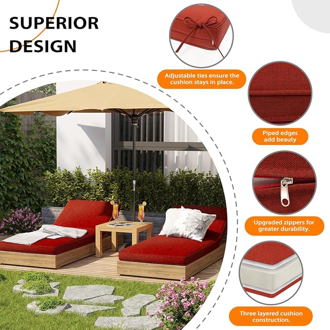 Sundale Outdoor Olefin Chaise Lounge Cushion Set of 2, Water-Resistant Patio Lounge Chair Cushion, Thick Lounger Pad with 4 Straps Red, 72 x 21 x 4 Inches