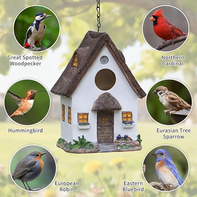 Bird Houses for Outside Rustic Cottage Birdhouse with Thatch Roof – Hand-Painted Resin Birdhouses for Outdoors for Bluebird Finches Cardinals Bird Nesting Garden, Patio, Yard