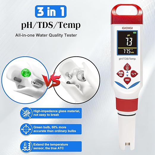 Digital pH Tester for Water, 3 in 1 pH TDS Meter for Drinking Water | 0-9990ppm pH pen with Color Display & Green Probe | AAA Battery Powered Water Tester for Drinking Water, RO/DI System
