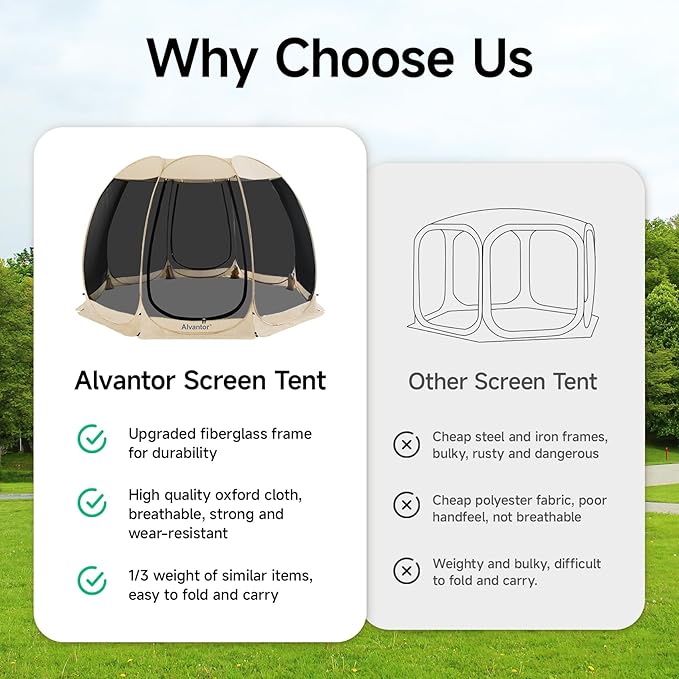 Alvantor Pop Up Screen House Tent, Instant Outdoor Gazebo with Mosquito Netting & UPF 50+ Sun Protection, Portable Canopy Shelter for Patio, Backyard, Camping (2-10 Person)